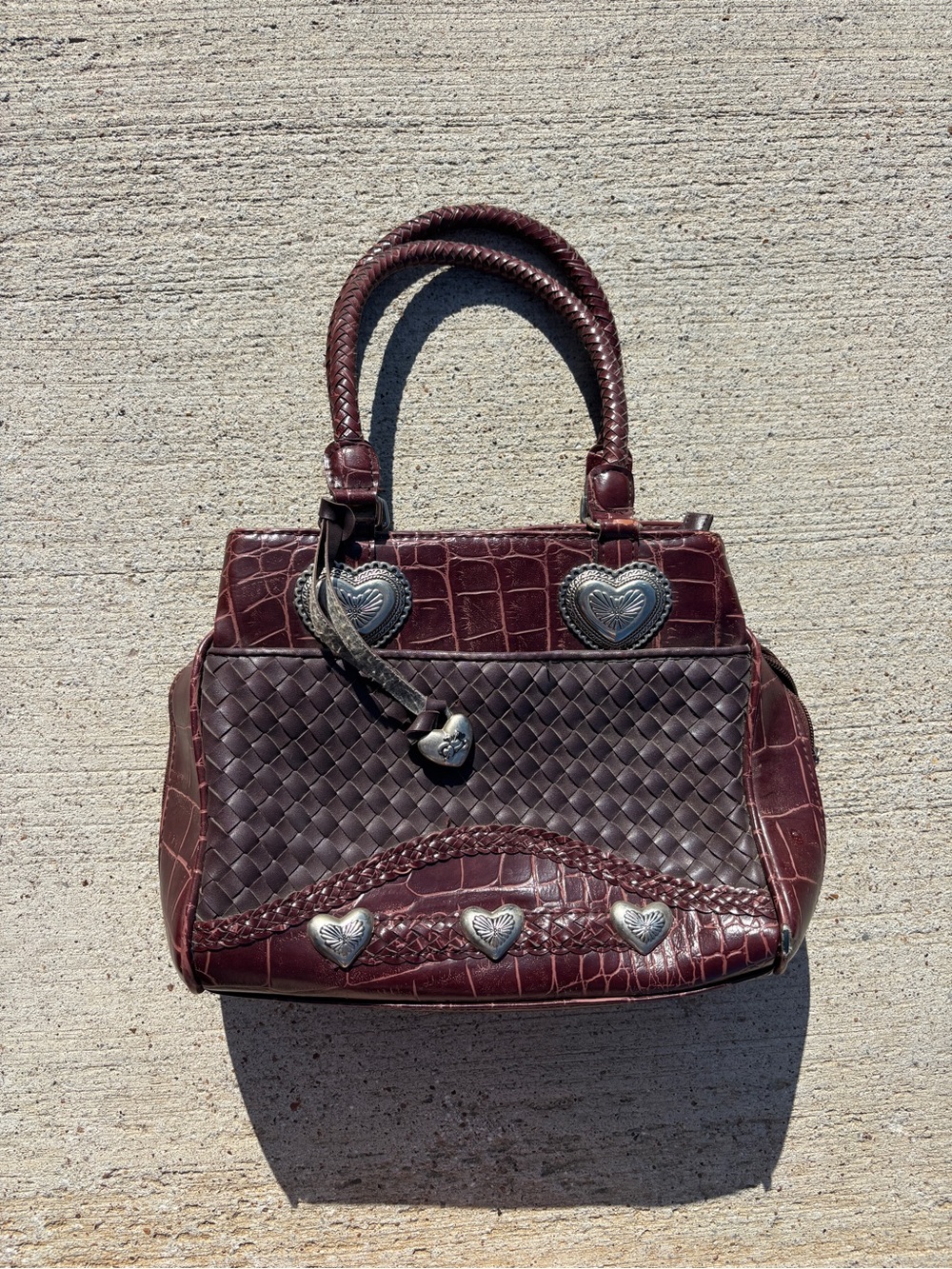 Women's Burgundy Braided Leather Satchel Bag with Heart Accents